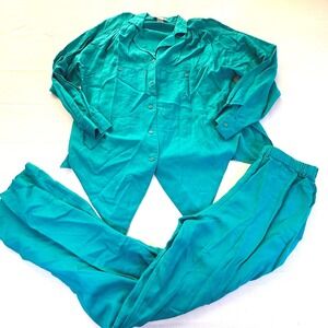 Vintage Michael Blair Rayon Two Piece Set Teal Made‎ In USA 90s Lounge Outfit